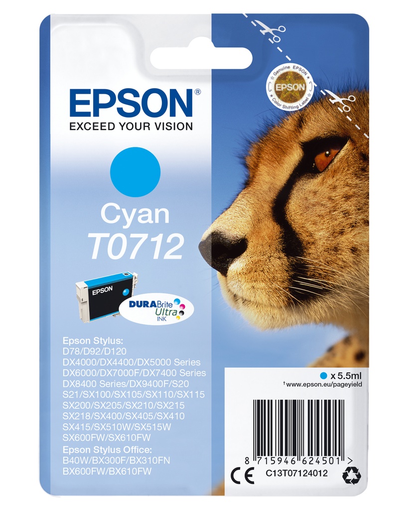[5172656000] Epson Singlepack Cyan T0712 DURABrite Ultra Ink Standard Yield 5.5 ml Original Cartridges C13T07124012