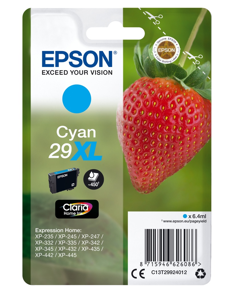 Epson Strawberry Singlepack Cyan 29XL Claria Home Ink High (XL) Yield Original Cartridges C13T29924012