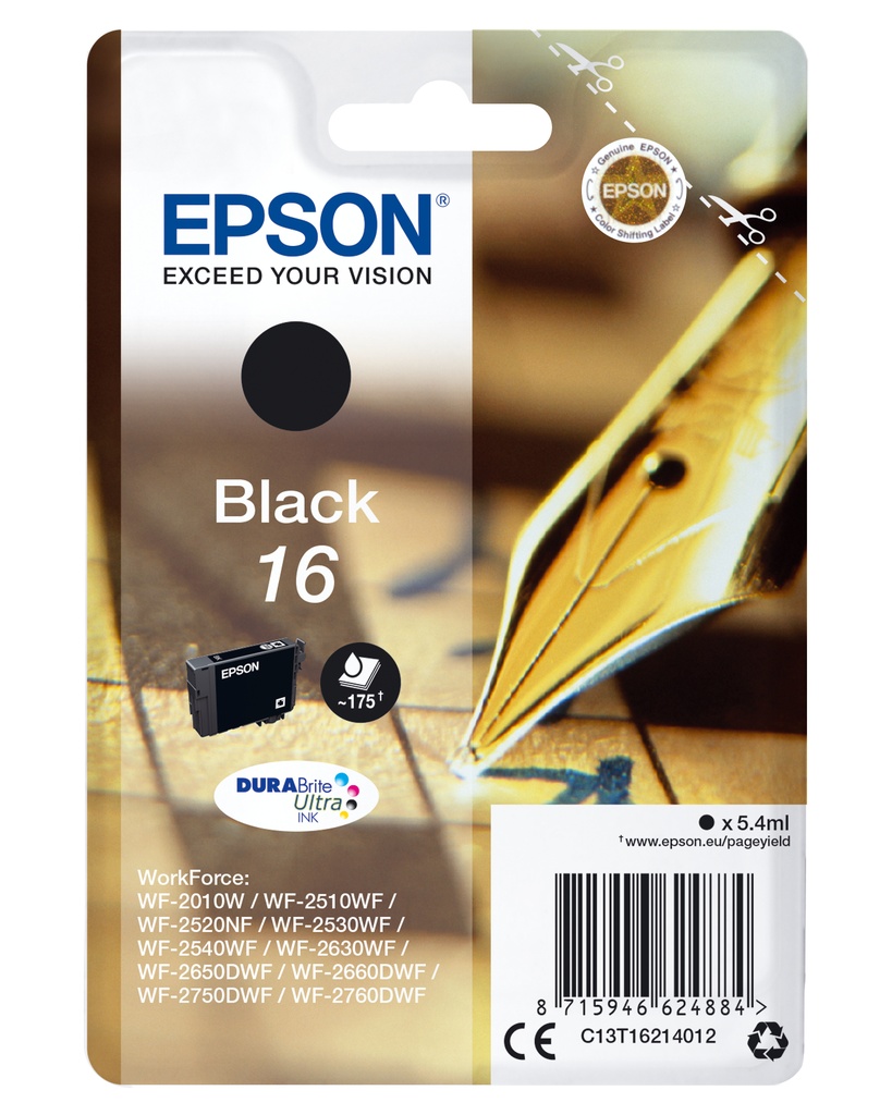 [5172680000] Epson Pen and crossword Singlepack Black 16 DURABrite Ultra Ink Standard Original Cartridges C13T16214012