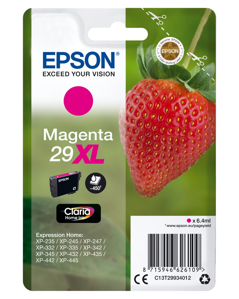 Epson Strawberry Singlepack Magenta 29XL Claria Home Ink High (XL) Yield Original Cartridges C13T29934012