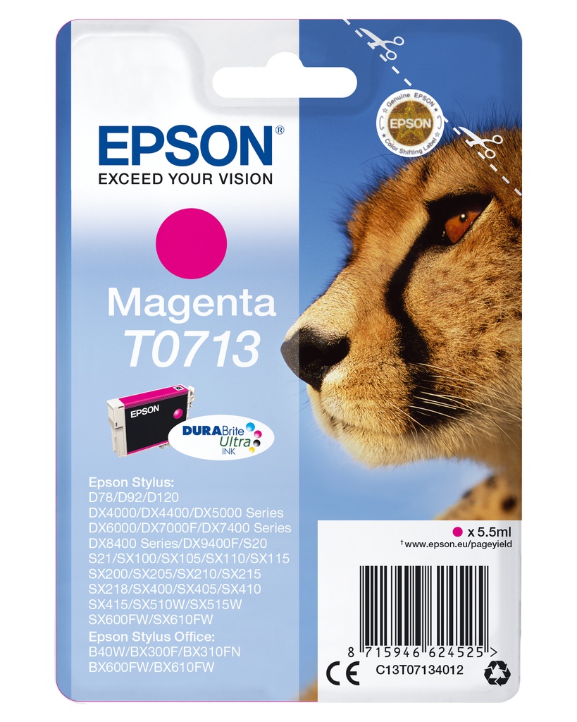 Epson Singlepack Magenta T0713 DURABrite Ultra Ink Standard Yield Pigment-based Original Cartridges C13T07134012