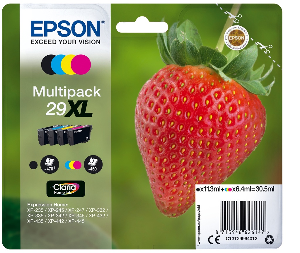 Epson Strawberry Multipack 4-colours 29XL Claria Home Ink High (XL) Yield Black Cyan Magenta Yellow 11.3 ml 6.4 ml 1 PC(s) 470 pages Ink Cartridges