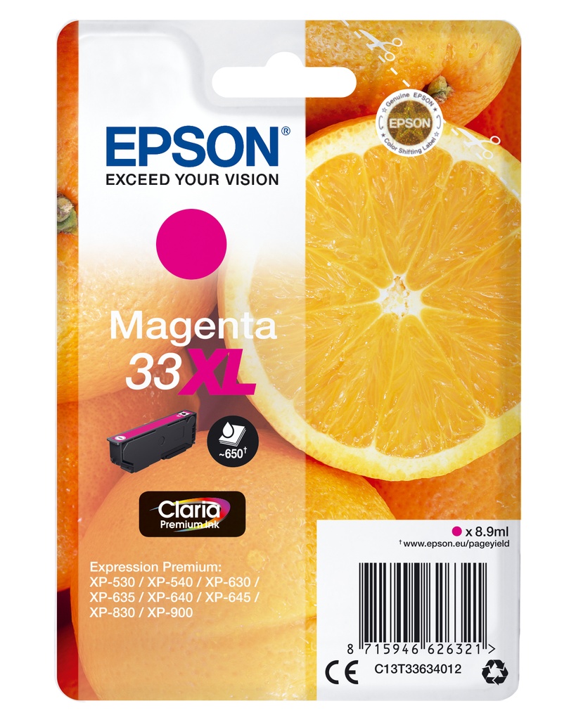 Epson Oranges Singlepack Magenta 33XL Claria Premium Ink High (XL) Yield Original Cartridges C13T33634012