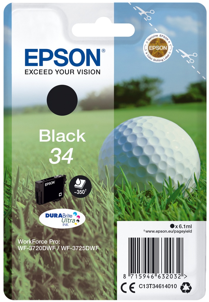 [5304173000] Epson Golf ball Singlepack Black 34 DURABrite Ultra Ink Standard Yield Original Cartridges C13T34614010