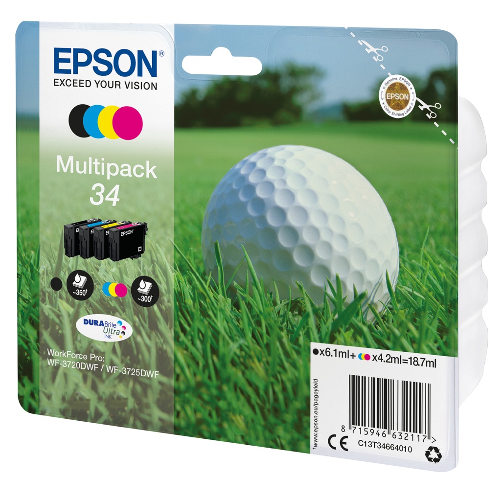 Epson Golf ball Multipack 4-colours 34 DURABrite Ultra Ink Standard Yield Black Cyan Magenta Yellow Pigment-based ink 6.1 ml 4.2 ml 1 PC(s Ink Cartridges