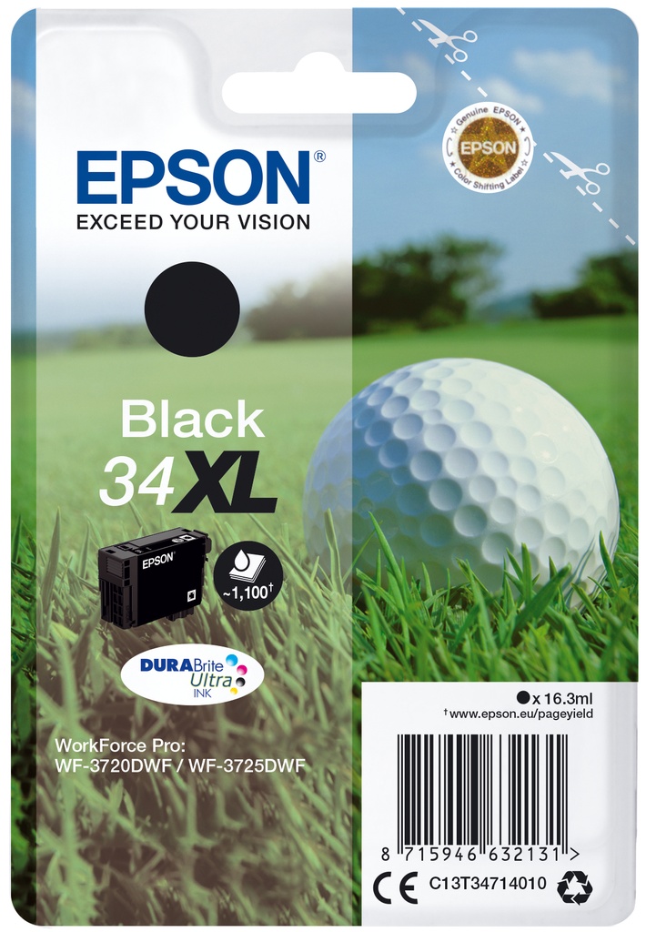 Epson Golf ball Singlepack Black 34XL DURABrite Ultra Ink High (XL) Yield Pigment-based ink 16.3 ml 1100 pages 1 PC(s Ink Cartridges