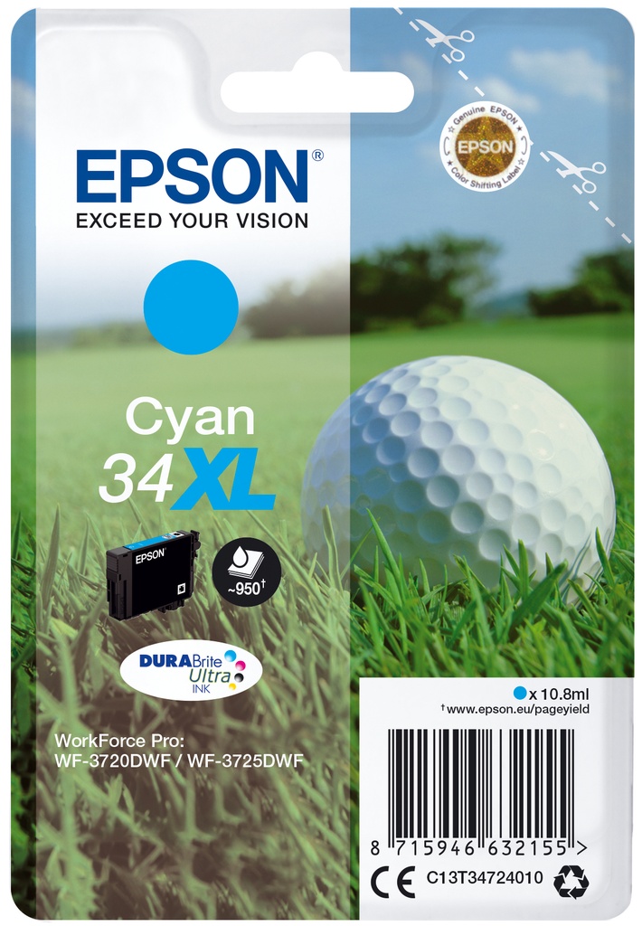 Epson Golf ball Singlepack Cyan 34XL DURABrite Ultra Ink High (XL) Original Cartridges C13T34724010
