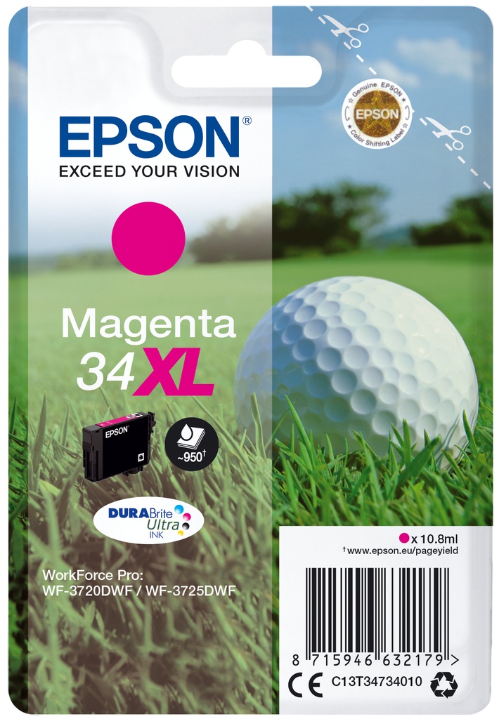 Epson Golf ball Singlepack Magenta 34XL DURABrite Ultra Ink High (XL) Yield Pigment-based ink 10.8 ml 950 pages 1 PC(s Ink Cartridges