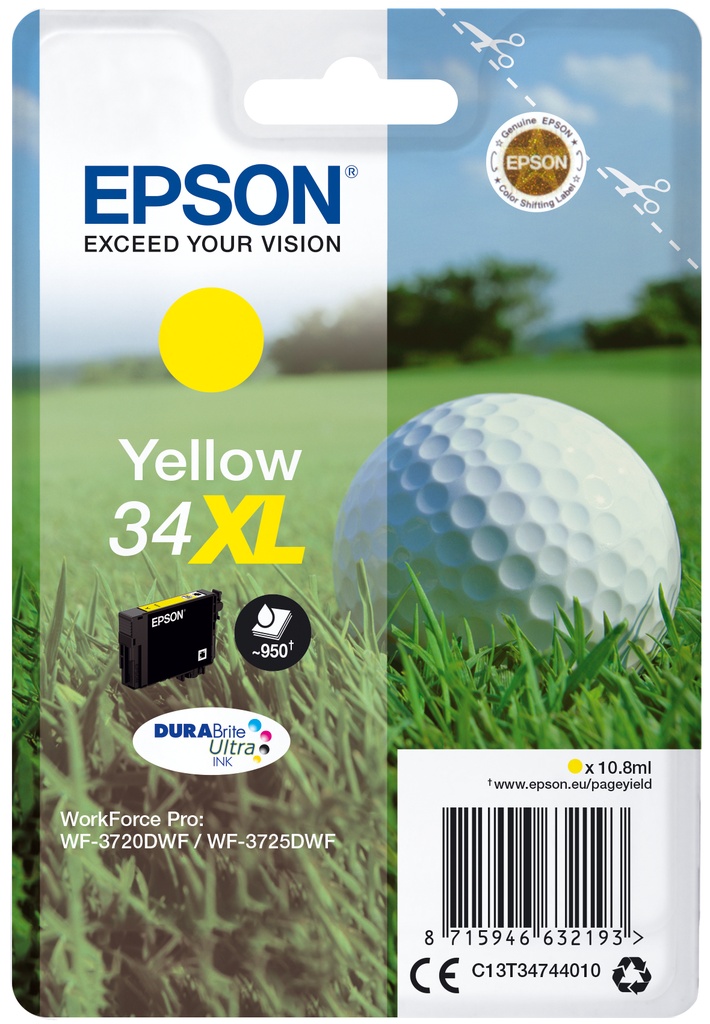 Epson Golf ball Singlepack Yellow 34XL DURABrite Ultra Ink High (XL) Original Cartridges C13T34744010