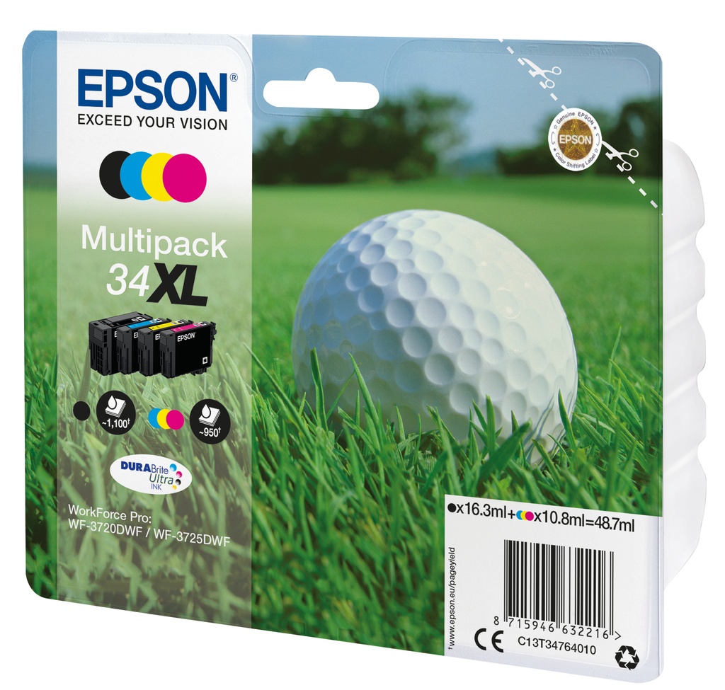 Epson Golf ball Multipack 4-colours 34XL DURABrite Ultra Ink High (XL) Yield Black Cyan Magenta Yellow Pigment-based ink 16.3 ml 10.8 ml 1 PC(s Ink Cartridges