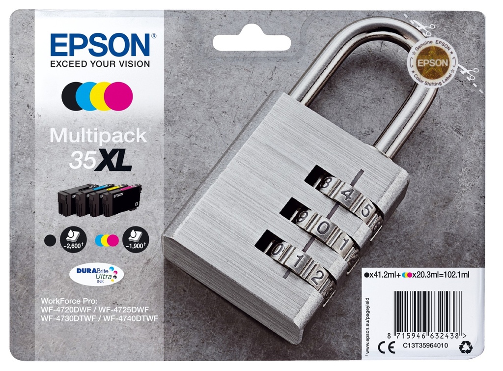 Epson Padlock Multipack 4-colours 35XL DURABrite Ultra Ink High (XL) Yield Black Cyan Magenta Yellow Pigment-based ink 41.2 ml 20.3 ml 1 PC(s Ink Cartridges