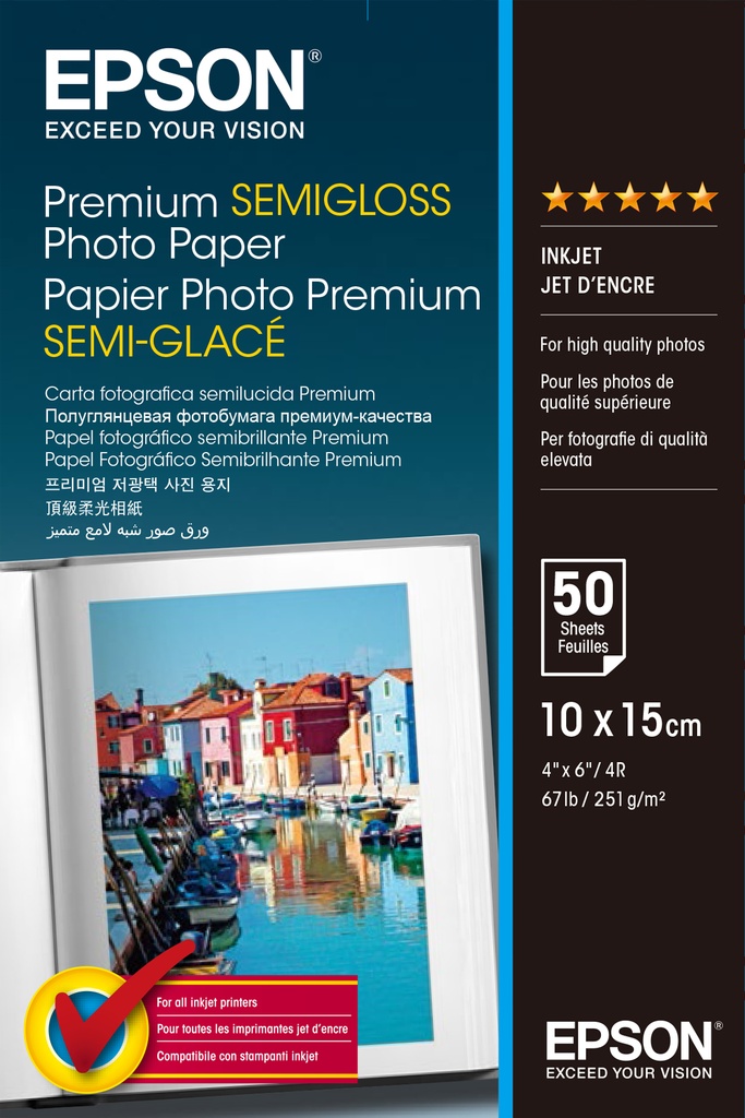 Epson Premium Semigloss Photo Paper Semi-Gloss 10x15cm 50 Sheets 251 g/m2 A3 Printer Media C13S041765