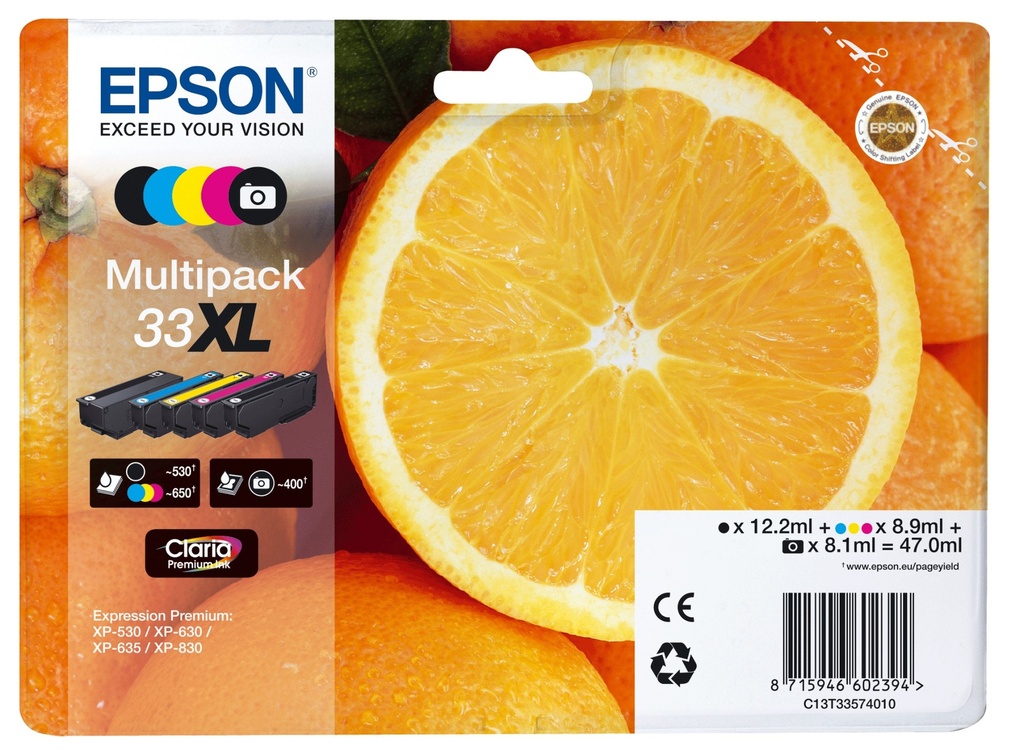 Epson Oranges Multipack 5-colours 33XL Claria Premium Ink High (XL) Yield Black Photo black Cyan Magenta Yellow Pigment-based ink Dye-based ink 12.2 ml 8.9 ml Ink Cartridges