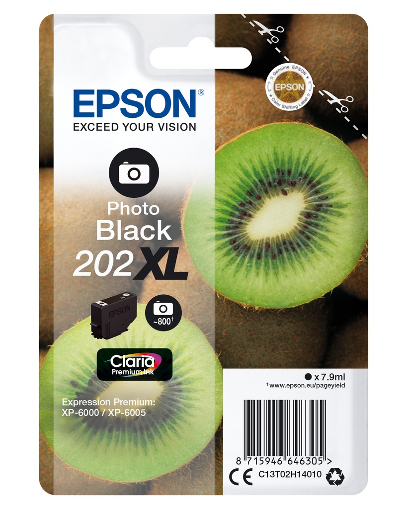 Epson Kiwi Singlepack Photo Black 202XL Claria Premium Ink High (XL) Matte/Photo Original Cartridges C13T02H14010