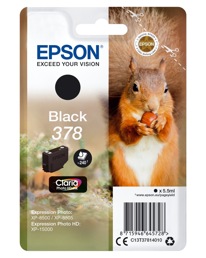 Epson Squirrel Singlepack Black 378 Claria Photo HD Ink Standard Yield Original Cartridges C13T37814010