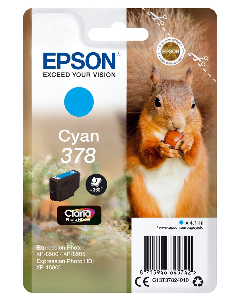 [5782696000] Epson Squirrel Singlepack Cyan 378 Claria Photo HD Ink Standard Yield Original Cartridges C13T37824010