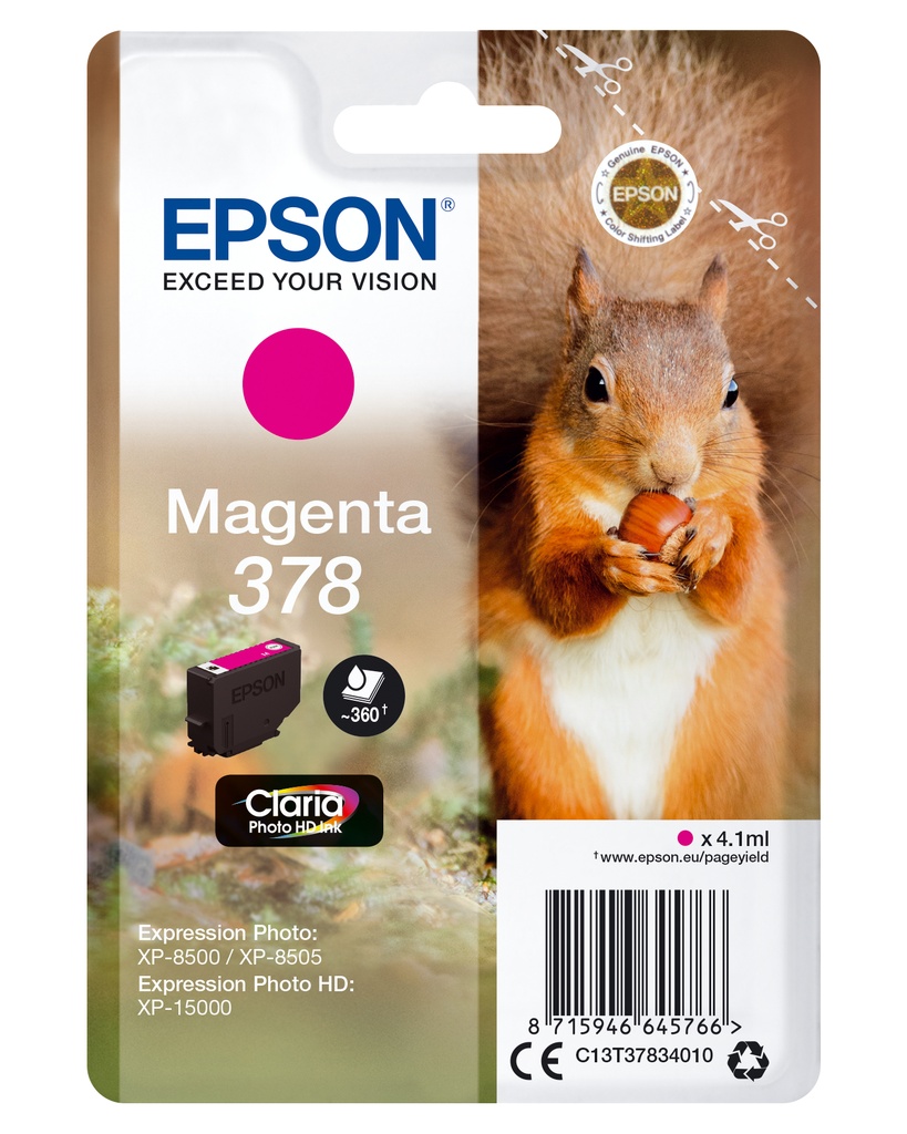 Epson Squirrel Singlepack Magenta 378 Claria Photo HD Ink Standard Yield Original Cartridges C13T37834010