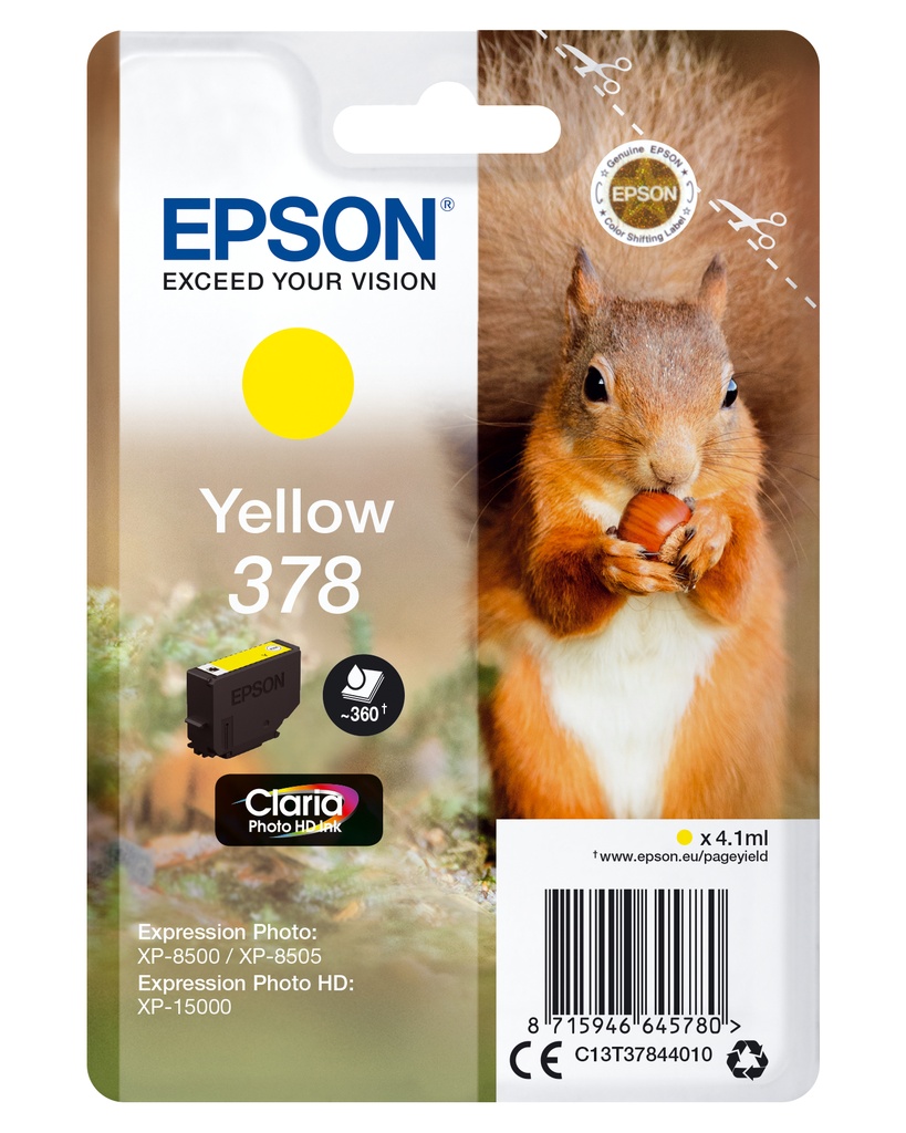 Epson Squirrel Singlepack Yellow 378 Claria Photo HD Ink Standard Yield Original Cartridges C13T37844010
