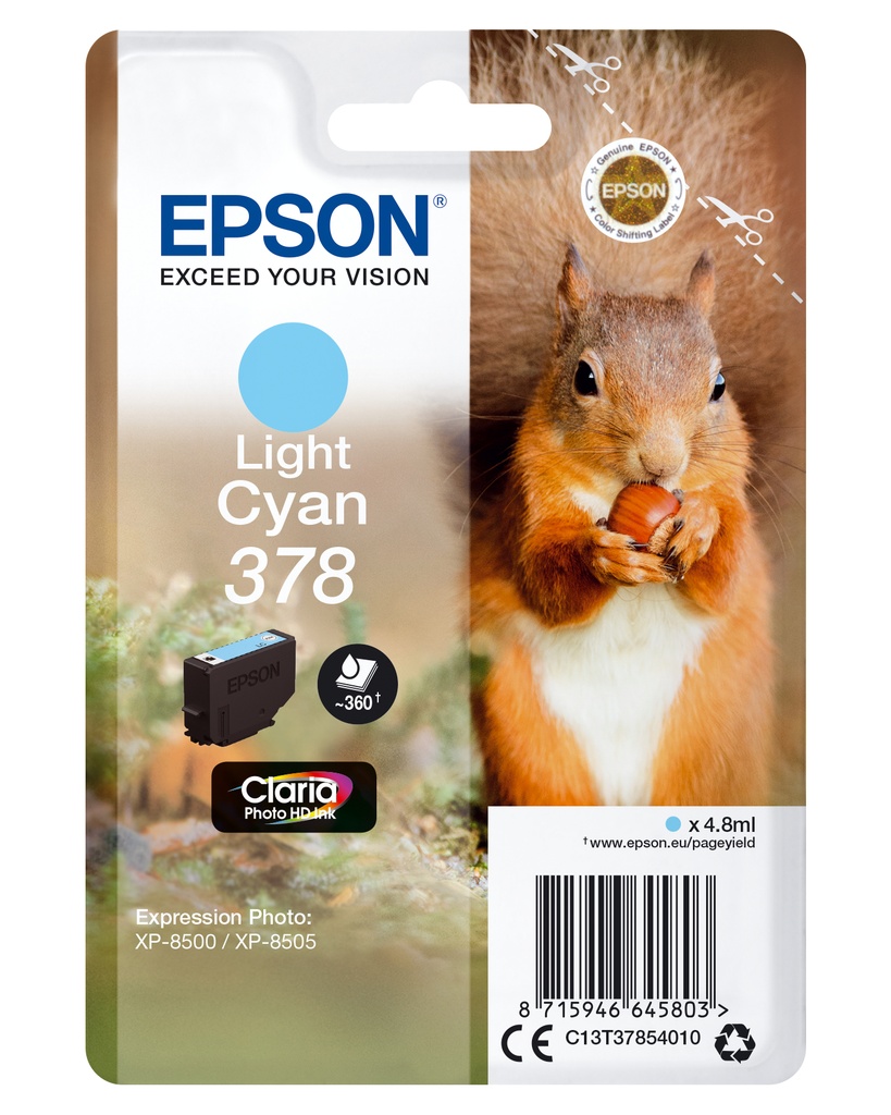 Epson Squirrel Singlepack Light Cyan 378 Claria Photo HD Ink Standard Yield Pigment-based ink 4.8 ml 360 pages 1 PC(s Ink Cartridges
