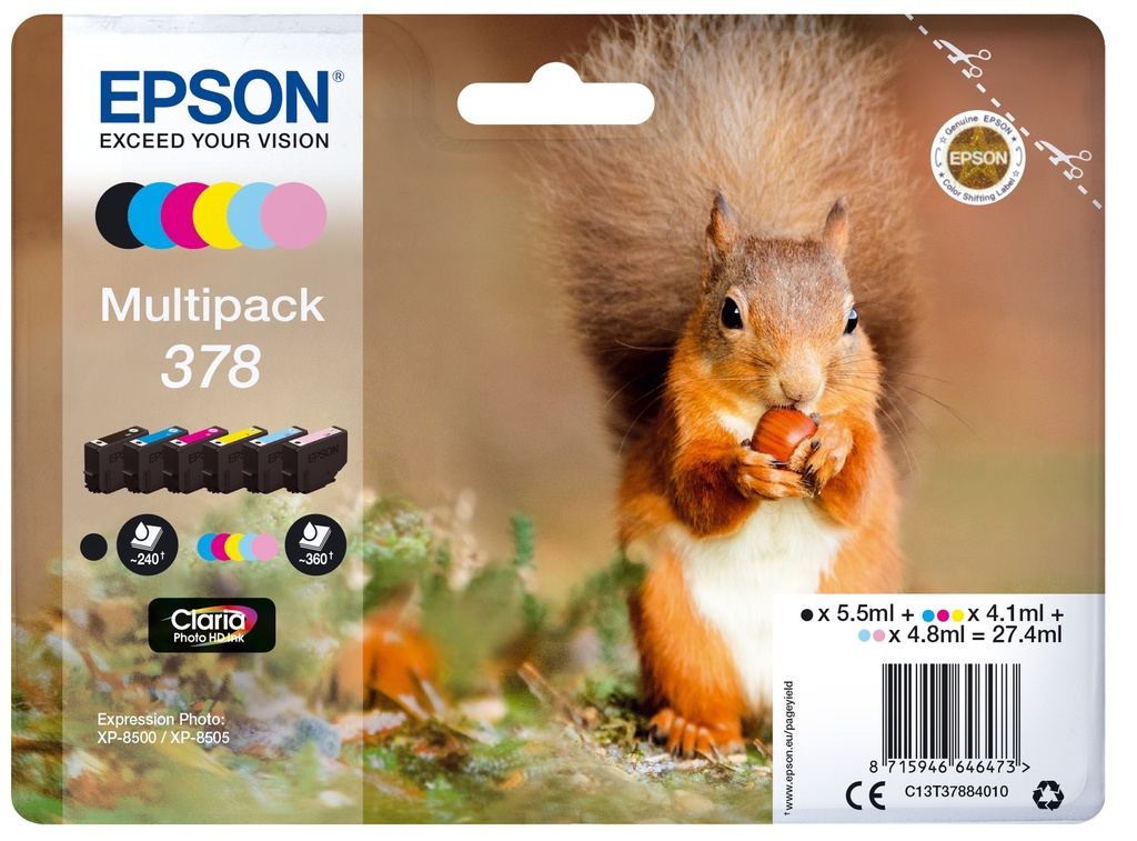 Epson Squirrel Multipack 6-colours 378 Claria Photo HD Ink Standard Yield Cyan Original Cartridges C13T37884010