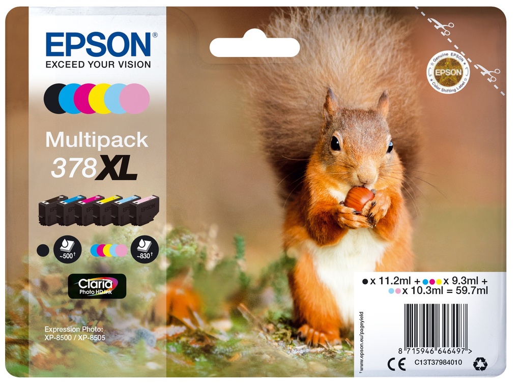 Epson Squirrel Multipack 6-colours 378XL Claria Photo HD Ink High (XL) Yield Black Cyan Light Cyan Magenta Light magenta Yellow 11.2 ml 9.3 ml 1 PC(s) Multi pack Ink Cartridges