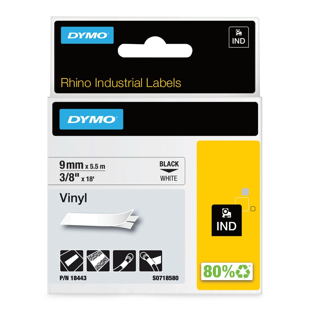 Dymo Vinyl-labels Rhino Industrial Vinyl Labels 9 mm x 5.5 m Black Other Paper Size Printer Media 18443