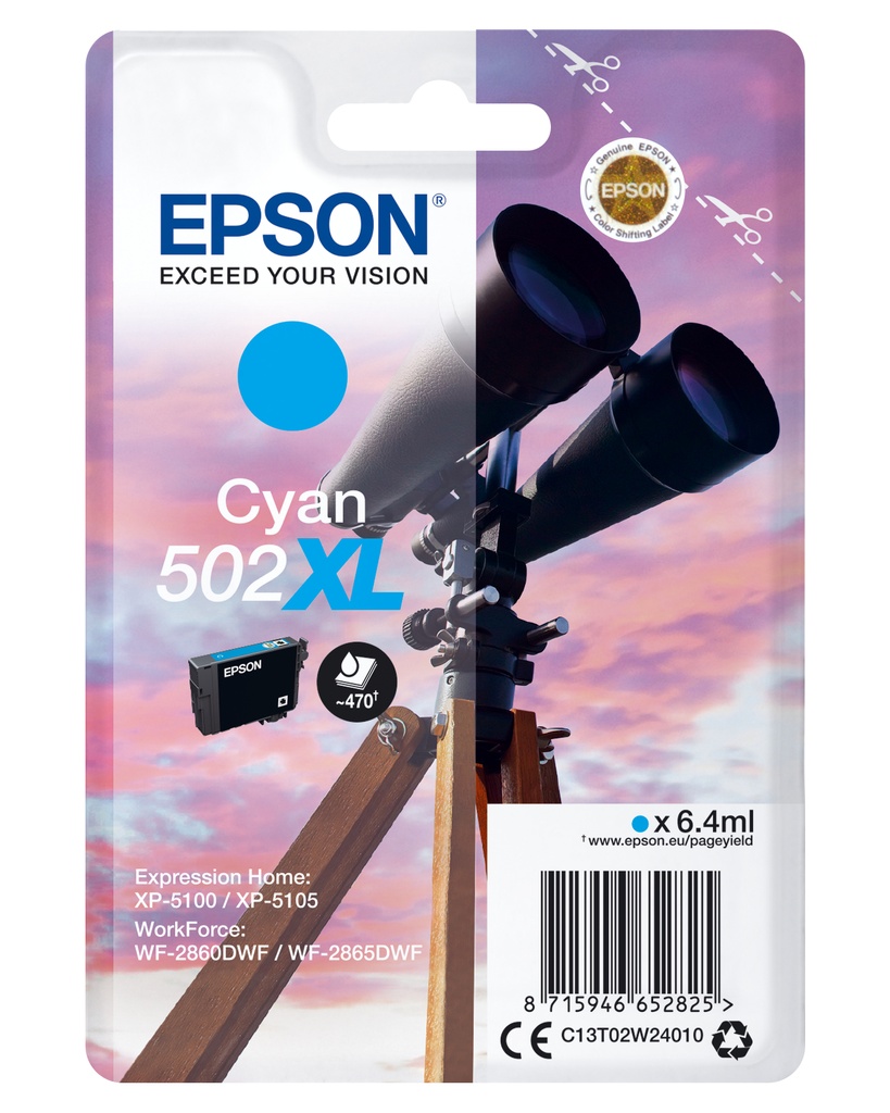 [6170863000] Epson Singlepack Cyan 502XL Ink High (XL) Yield 6.4 ml 470 Original Cartridges C13T02W24010
