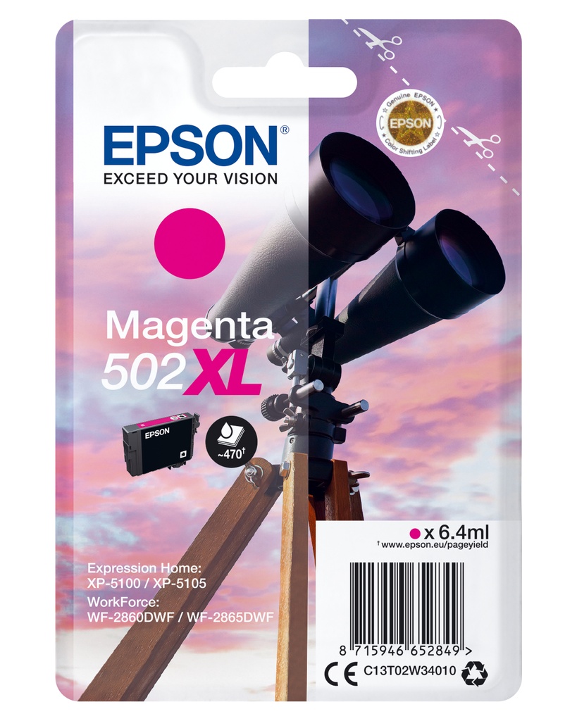 [6170864000] Epson Singlepack Magenta 502XL Ink High (XL) Yield Pigment-based 6.4 Original Cartridges C13T02W34010