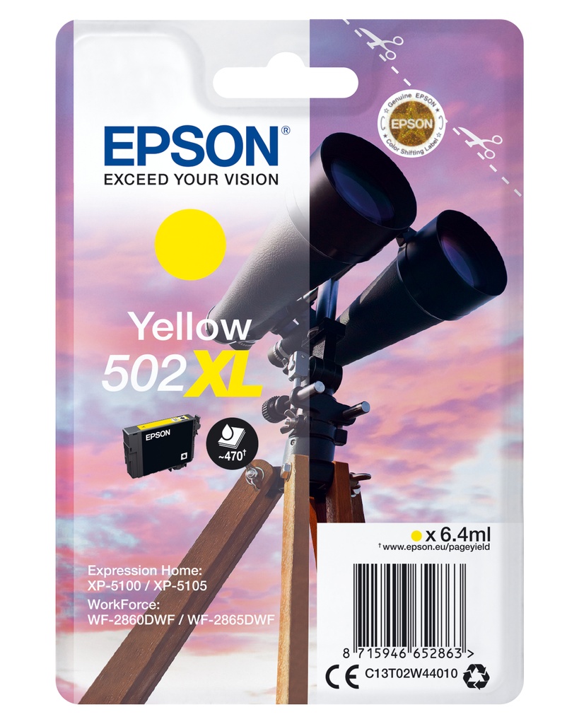 [6170865000] Epson Singlepack Yellow 502XL Ink High (XL) Yield Pigment-based 6.4 Original Cartridges C13T02W44010