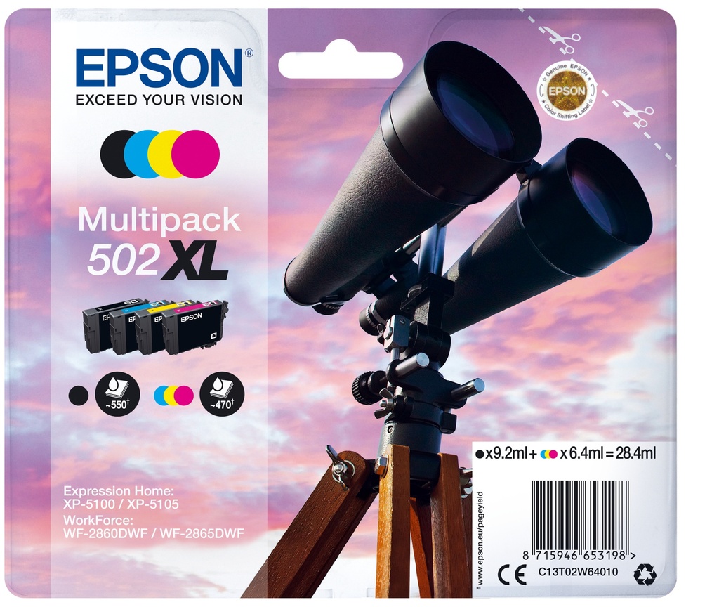 Epson Multipack 4-colours 502XL Ink High (XL) Yield Black Cyan Magenta Yellow Pigment-based ink Dye-based ink 9.2 ml 6.4 ml Ink Cartridges