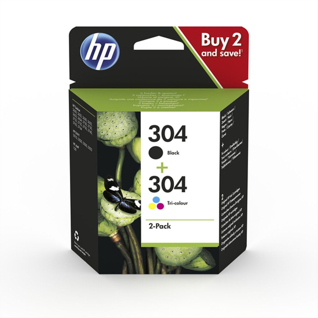 HP 304 2-pack Black/Tri-color Original Ink Cartridges Standard Yield Black Cyan 3JB05AE#UUS