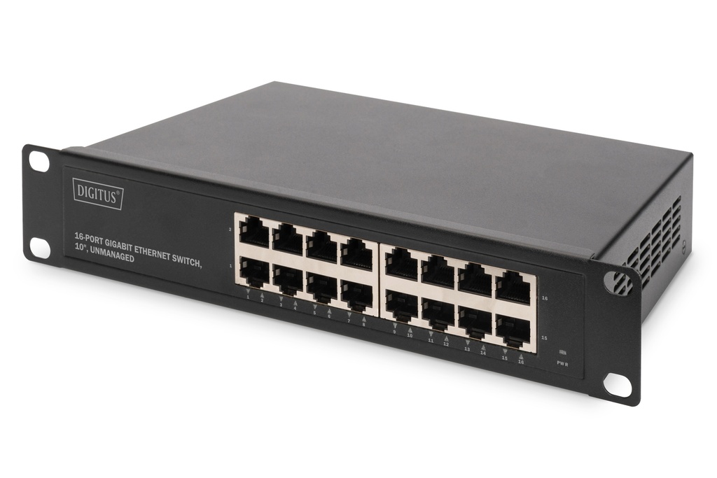 DIGITUS 10 inch Gigabit 16-Port Unmanaged Switch Unmanaged Gigabit Ethernet (10/100/1000) Rack mounting 1U Network Equipment