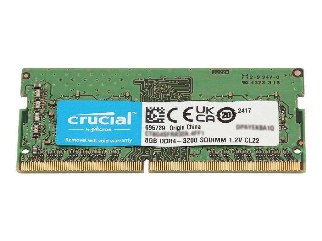 [9063491000] Crucial CT8G4SFRA32A, 8 GB, 1 x 8 GB, DDR 4, 3200 MHz, 260-pin SO-DIMM Memory Modules