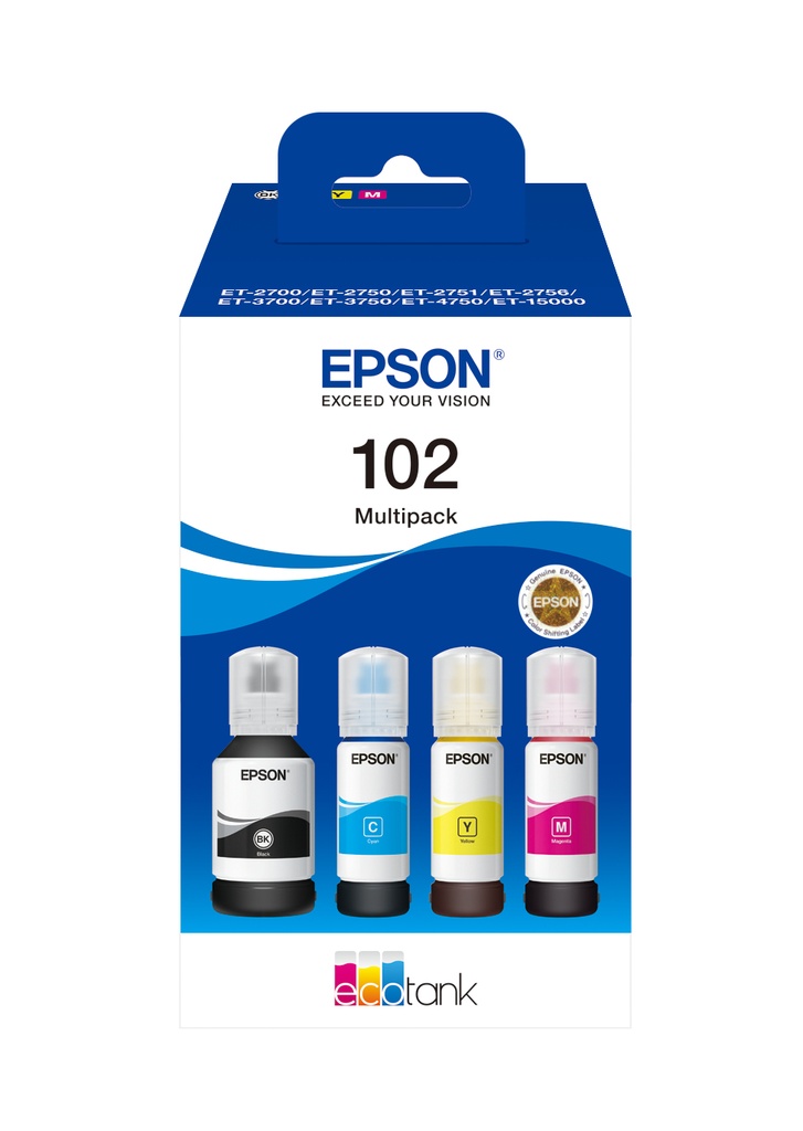 Epson 102 EcoTank Original Black Cyan Magenta Yellow Epson EcoTank ET-4750 Unlimited EcoTank ET-4750 EcoTank ET-3750 Unlimited EcoTank ET-3750 EcoTank... 127 ml 70 ml Ink Cartridges