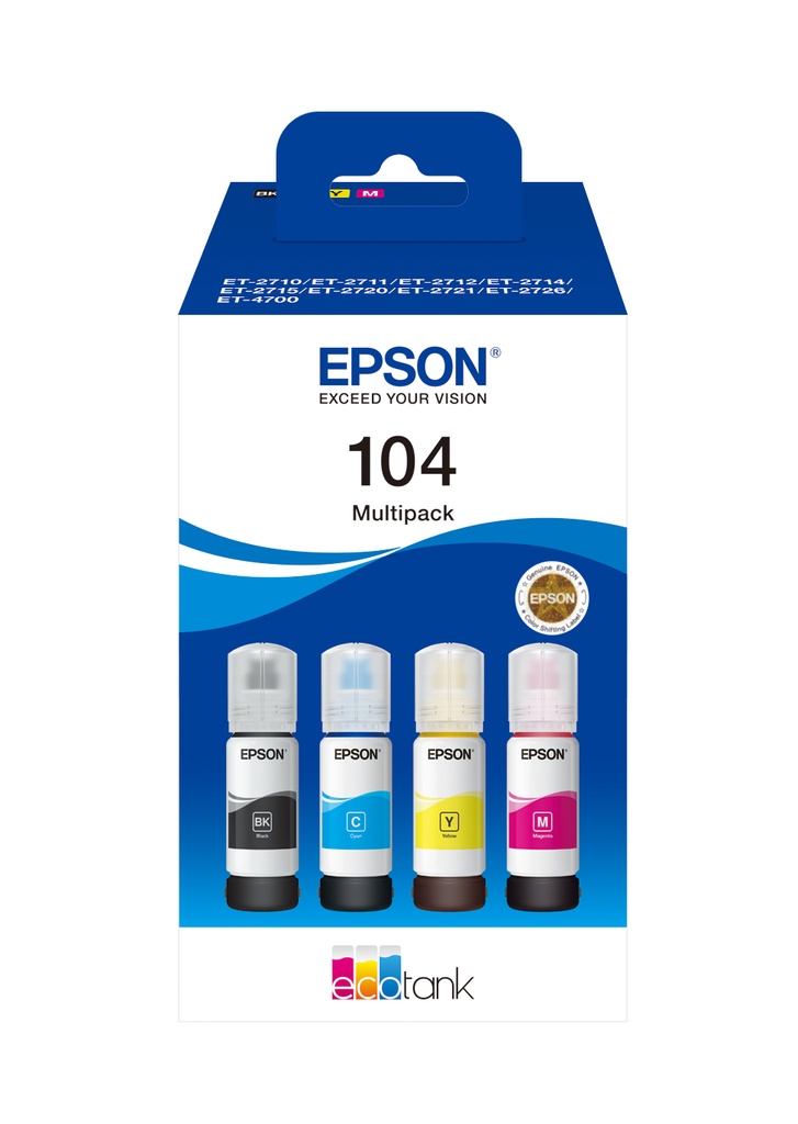 Epson 104 EcoTank Original Black Cyan Magenta Yellow Epson EcoTank ET-2715 EcoTank ET-2714 EcoTank ET-2712 EcoTank ET-2711 EcoTank ET-2710 Unlimited EcoTank... 65 ml Ink Cartridges