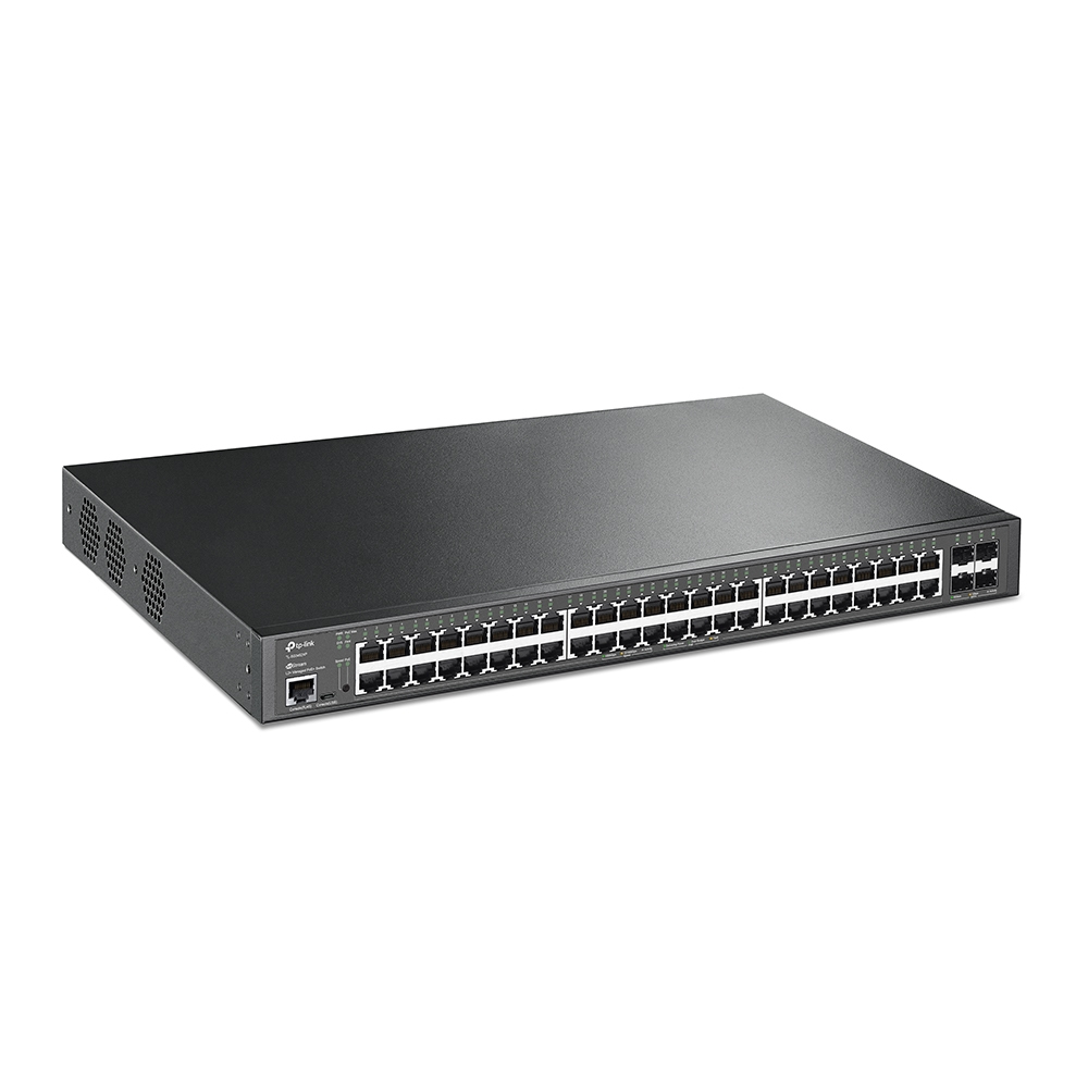 TP-LINK JetStream 48-Port Gigabit and 4-Port 10GE SFP+ L2+ Managed Switch with 48-Port PoE+ Managed L2+ Gigabit Ethernet (10/100/1000) Power over Ethernet (PoE) Rack mounting 1U Network Equipment