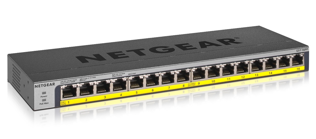 Netgear GS116PP Unmanaged Gigabit Ethernet (10/100/1000) Power over Ethernet (PoE) Rack mounting Network Equipment