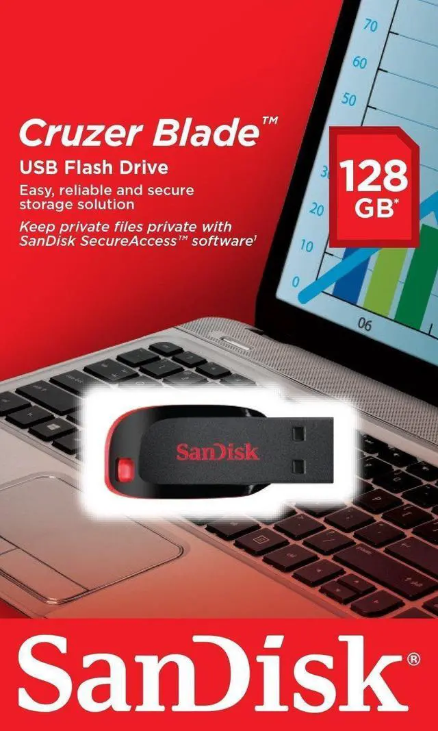 [2903982000] SanDisk Cruzer Blade 128 GB USB Type-A 2.0 Capless 2.5 g Flash Drive Memory SDCZ50-128G-B35