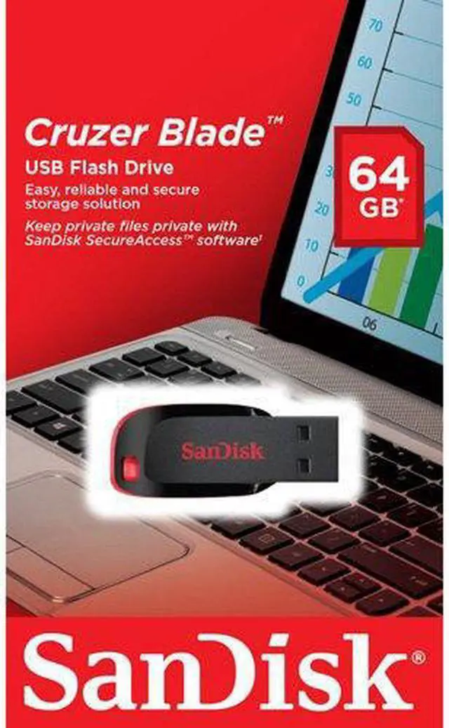 SanDisk Cruzer Blade 64 GB USB Type-A 2.0 Capless 2.5 g Flash Drive Memory SDCZ50-064G-B35
