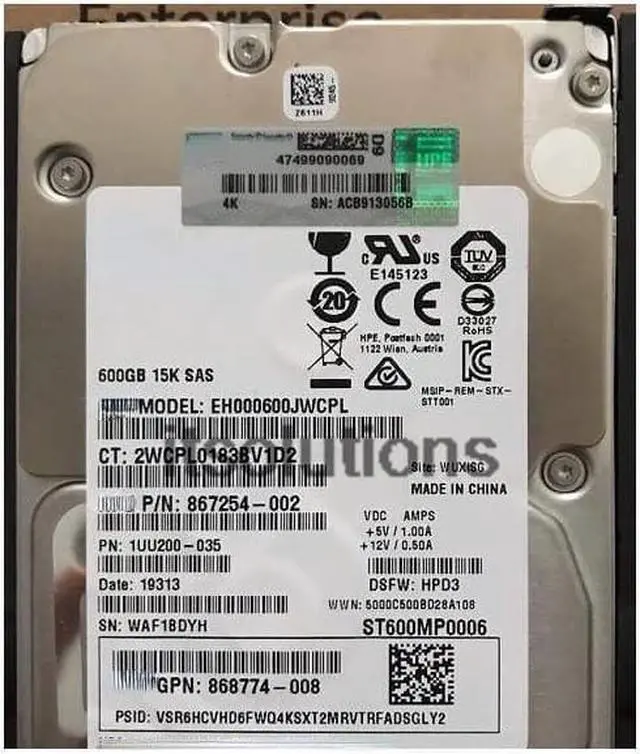 HPE 600 GB SFF SAS 15K 2.5 inch[SPARE] -[Option Part 870757-B21] HDDs 870794-001-SPARE
