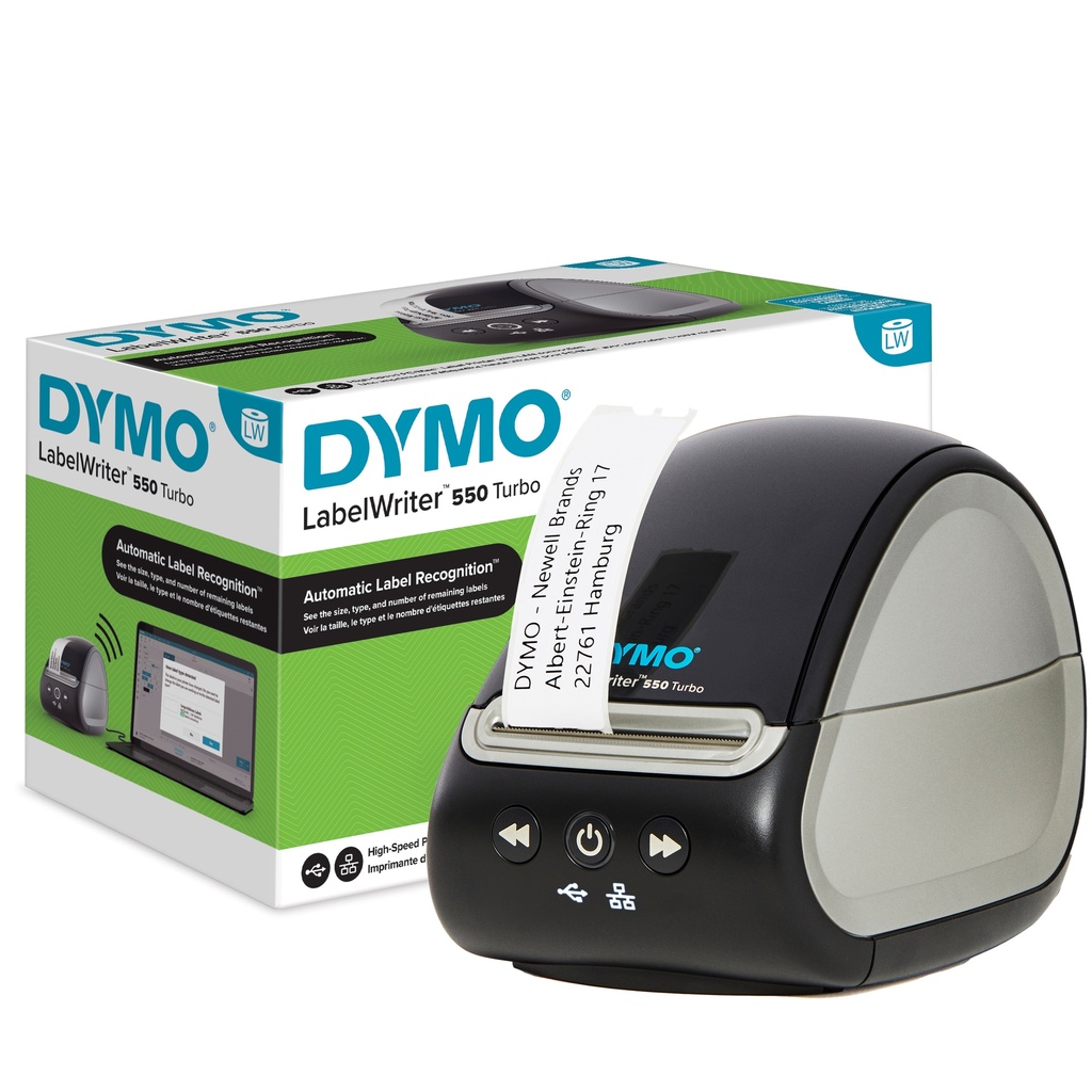 Dymo label writer 550 Turbo Label Printer Label Maker with High-Speed Direct Thermal Printing Automatic Label Recognition Prints Shipping Labels & More with USB/LAN Connectivity EU 2 Pin Plug 188 mm 127 mm 140 mm Box Printers
