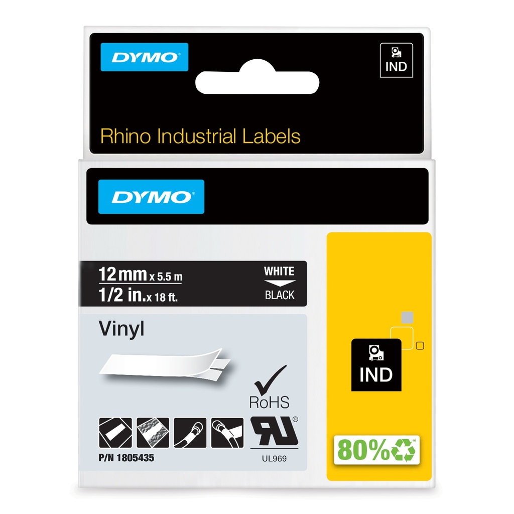 Dymo Rhino Industrial Vinyl Labels 12 mm x 5.5 m White Print on Black Self-Adhesive for LabelManager & Rhino Label Makers White on black multicolor Vinyl 40 80 °C UL 969 DYMO Printer Media