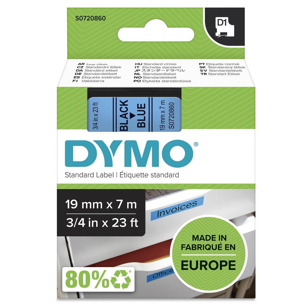 Dymo Authentic D1 Labels Black Print on Blue Tape 19 mm x 7 m Self-Adhesive Labels for LabelManager Label Makers Made in Europe Black on blue Polyester Belgium 18 90 °C DYMO LabelManager label writer 450 DUO Printer Media