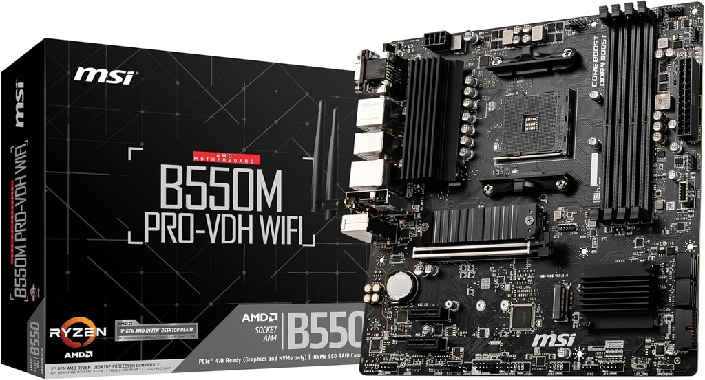 MSI B550M PRO-VDH Wi-Fi AMD Socket AM4 AMD Ryzen 3 3rd Gen 3rd Generation AMD Ryzen 5 3rd Generation AMD Ryzen 7 3rd Generation AMD... DDR 4-SDRAM DIMM 1866,2133,2400,2667,2800,2933,3000,3066,3200,3466,3600,3733,3866,4000,4133,4266,4400 MHz Motherboards