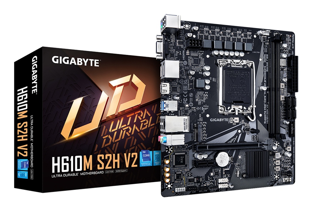 [18077695000] Gigabyte H610M S2H V2 Motherboard supports Intel Core 14. Generation CPUs, 4+1+1 Hybrid Phasen Digital VRM, bis zu 5600 MHz DDR 5, 1xPCIe 3.0 M.2, GBE LAN, USB 3.2 Gen 1, Intel, LGA 1700, Intel Celeron, Intel Core i3, Intel Core i5, Intel Core i7, Intel Motherboards