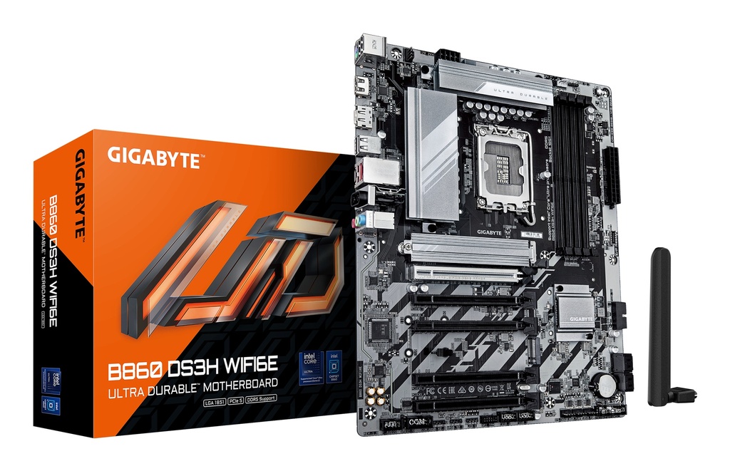 [20157743000] Gigabyte B860 DS3H Wi-Fi 6e motherboard Intel Core Ultra CPUs, 8+1+2+2 Phasen VRM, bis zu 9066 MHz DDR 5, 1xPCIe 5.0+ 1xPCIe 4.0 M.2, 2,5 GBE LAN, Wi-Fi 6E, USB 3.2 Gen 2x2, Intel, LGA 1851 (Socket V1), Intel Core Ultra (Series 2), LGA 1851, DDR 5-SDRAM, 256 GB GIGABY Motherboards