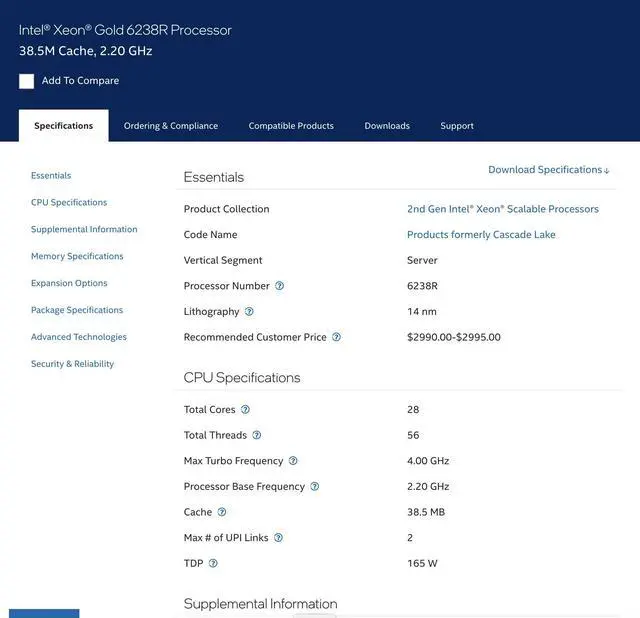 Intel Xeon 6238 Xeon Gold 2.2 GHz Socket 3647 Cascade Lake CPUs