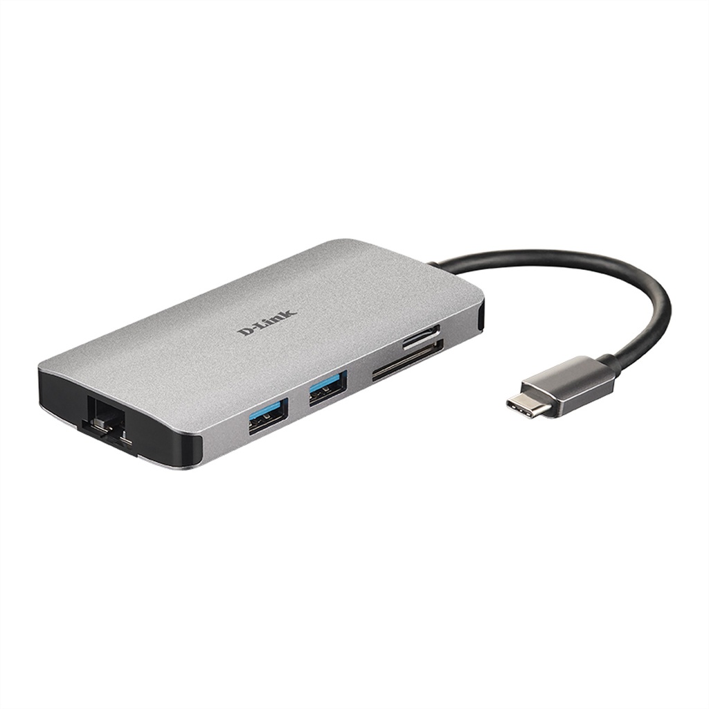 D-Link 8 in 1 USB-C Hub with HDMI/Ethernet/Card Reader/Power Delivery Wired USB 3.2 Gen 1 (3.1 Gen 1) Type-C 100 W IEEE 802.3 IEEE 802.3ab IEEE 802.3u IEEE 802.3x aluminum MicroSD (TransFlash) SD SDHC SDXC Laptop Accessories