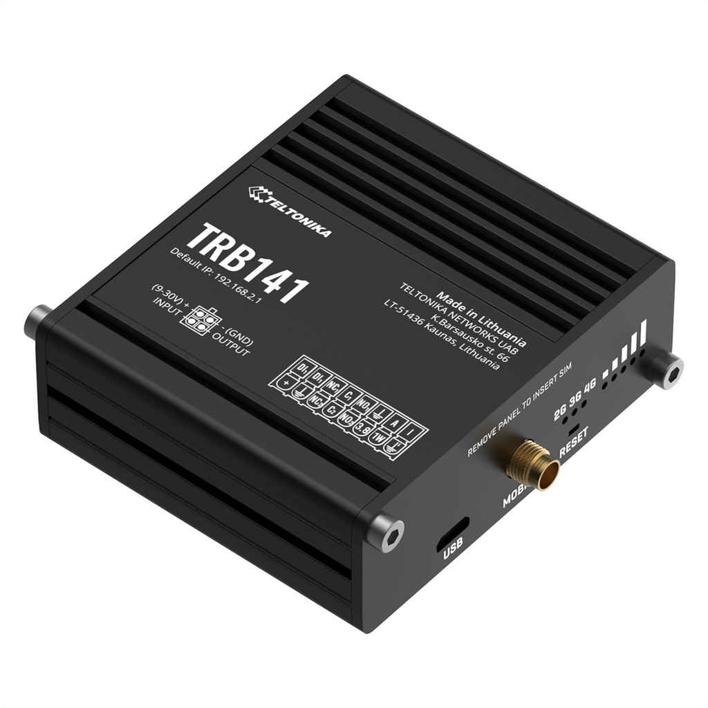 Teltonika TRB141 HTTP/HTTPS JSON-RPC RMS TCP UDP IPv4 IPv6 ICMP NTP DNS HTTP HTTPS SSL v3 TLS SSH DHCP SNMP MQTT 256-bit AES,DES,HTTPS,SSH,SSL/TLS OpenVPN IPsec GRE PPTP L2TP NAT NAT-T MiniSIM Network Accessories