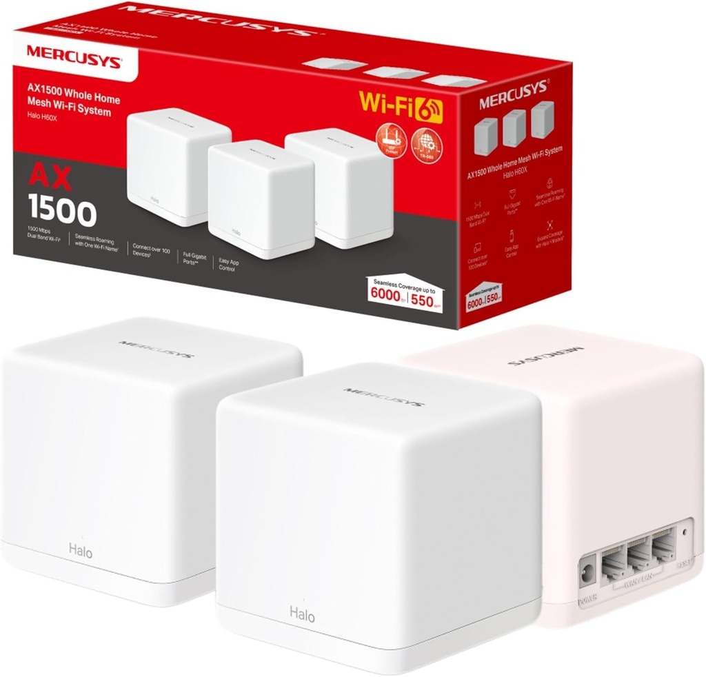 Mercusys Halo H60X Dual-Band 2.4 GHz/5 GHz Wi-Fi 6 802.11ax white 2 internal Router 1 Wi-Fi Network Equipment